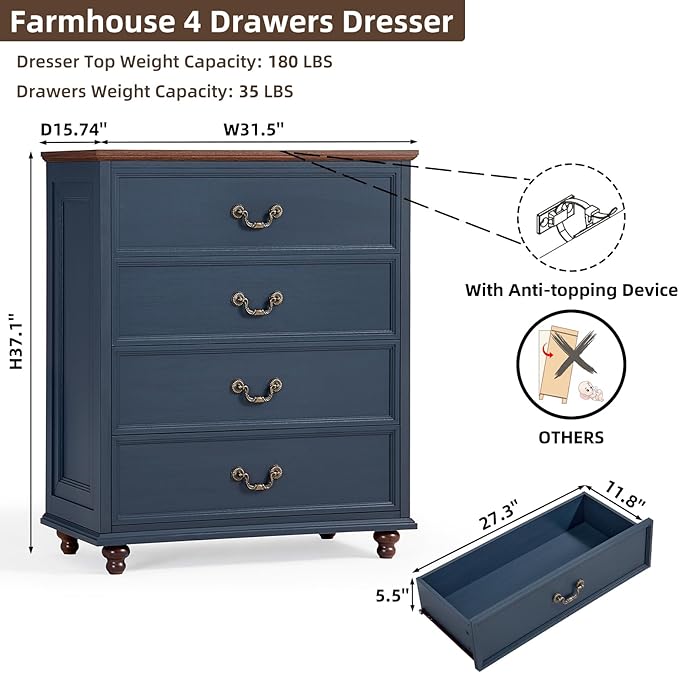 Farmhouse 4 Drawer Dresser for Bedroom, 37" Tall Rustic Chests of Drawers w/ 4 Solid Wood Feet, Mid Century Modern Wooden Closet Storage Dressers Organizer for Living Room, Hallway, Navy Blue