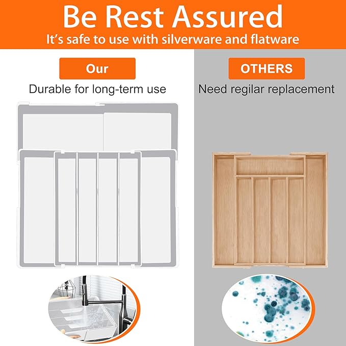 Spaclear Silverware Organizer - Expandable Silverware Tray for Drawer, Adjustable Utensil Drawer Organizer for Forks, Knives, Kitchen Organizers and Storage, White