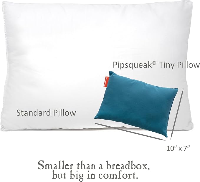 Pipsqueak Small | Tiny | Mini Pillow with Name Tag - 11in x 7in x 2.5in - Machine Washable - White Pillow with Personalized Blue Case