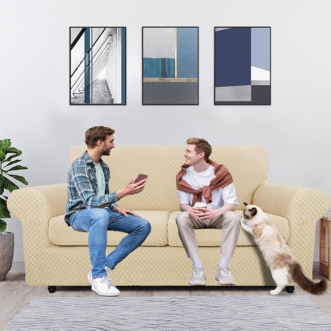 MAXIJIN 3 Piece Stretch Couch Covers for 2 Cushion Couch Sofa Slipcovers with 2 Extra Large Seat Cushion Couch Jacquard Loveseat Sofa Couch Cover for Dogs (2 Cushion Sofa, Light Beige)