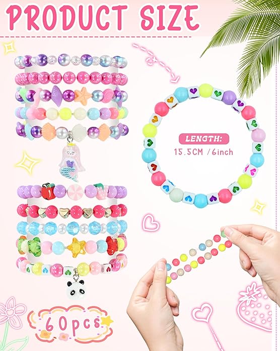 60 pcs Colorful Kids Friendship Bracelet Sets, Stackable Elastic Cute Beaded Bracelets Princess Pretend Play Bracelet Preppy Bracelets Bulk Set for Women Gift