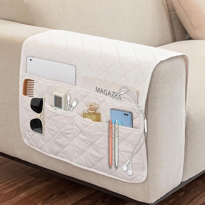 Remote Control Holder for Recliner,Armchair Caddy,Non Slip Sofa Armrest Storage Organizer for Recliner Couch with 6 Pockets for TV Remote,Cell Phone,Magazine (Off-White)