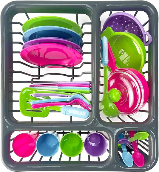 Kids Super Durable Kitchen Toys Set, Pretend Play Children's Dish Toy, Wash and Dry Tableware Dish Rack with Drainer (Great Gift for Kids) (27 Pieces)