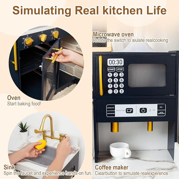 Corner Play Kitchen for Kids Kitchen Playset with Toy Storage System, Wooden Toy Kitchen Set with Plenty of Play Features, Toddler Kitchen Set for Boys and Girls Ages 3+ (Dark Blue)