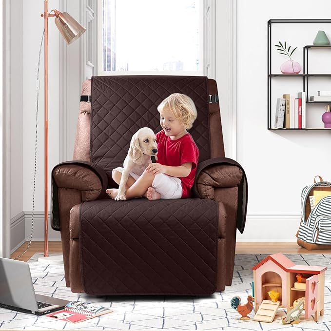 KinCam 100% Waterproof Recliner Chair Cover, Reclining Couch Covers for Pets, Dogs, Recliner Couch Slipcover Furniture Protector with Elastic Straps for Kids(28", Coffee)