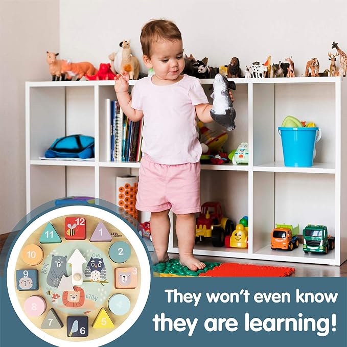 LEO & FRIENDS Shape Sorting Clock - 1 to 12 Removable Number Blocks Included, Learn How to Tell Time, Premium Wooden Educational Toy, Fun Puzzle Stacking and Sorting for Children Ages 3+