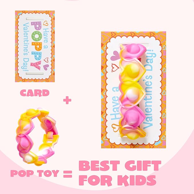 JOYIN 28 PCS Valentines Day Gifts for Kids, Valentines Cards with Heart Pop Bubble Bracelets, Stress Relief Fidget Toys for Girls Boys Toddler Valentines Classroom School Exchange Gifts Party Favor
