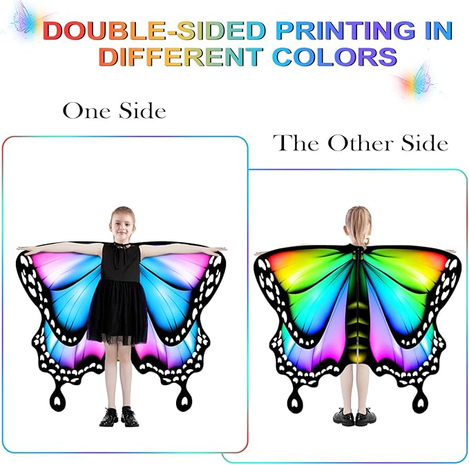 Butterfly Wings For Girls, Double-Sided Fairy Wings, Halloween Costumes for Kids, 3PCS Butterfly Cape Set.
