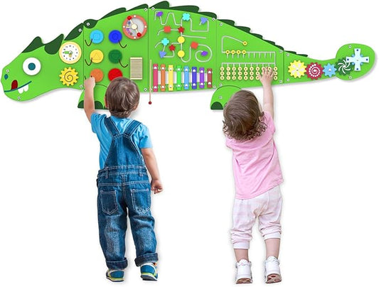 Activity Wall Panels for Kids: Dinosaur Sensory Wall Board for 3+ Years with 10 Activities - Wooden Decor for Toddler Playrooms Bedrooms Daycares