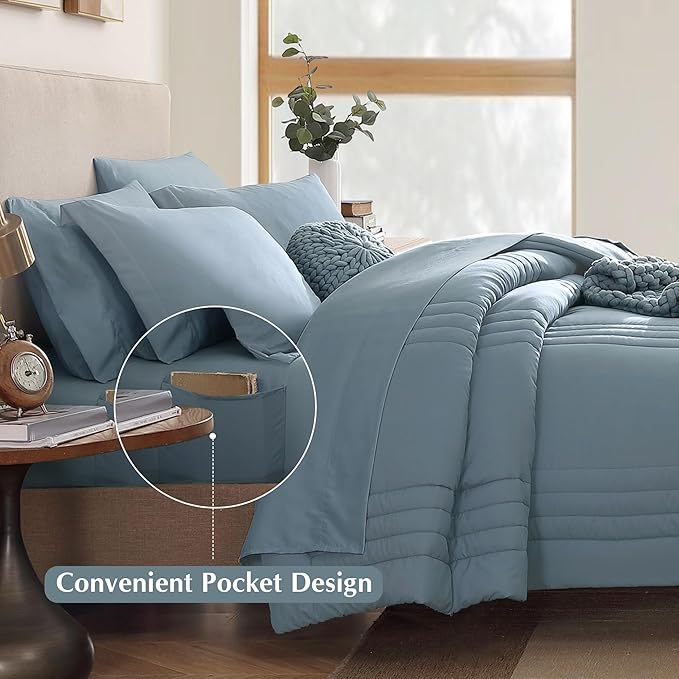 Monbix King Size Comforter Set - 7 Pieces Bed in a Bag King, Dusty Blue Bedding Sets with Comforter, All Seasons Comforter Bed Set with Sheets, Pillowcases & Shams