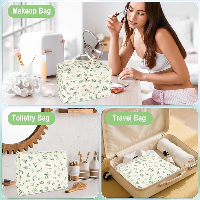 URSKYTOUS 3Pcs Makeup Bag Quilted Cotton Cosmetic Bags for Women Large Small Blue Makeup Pouch Set Cute Coquette Floral Travel Bags Portable Skincare Toiletry Bag Vintage Puffy Essential Organizer