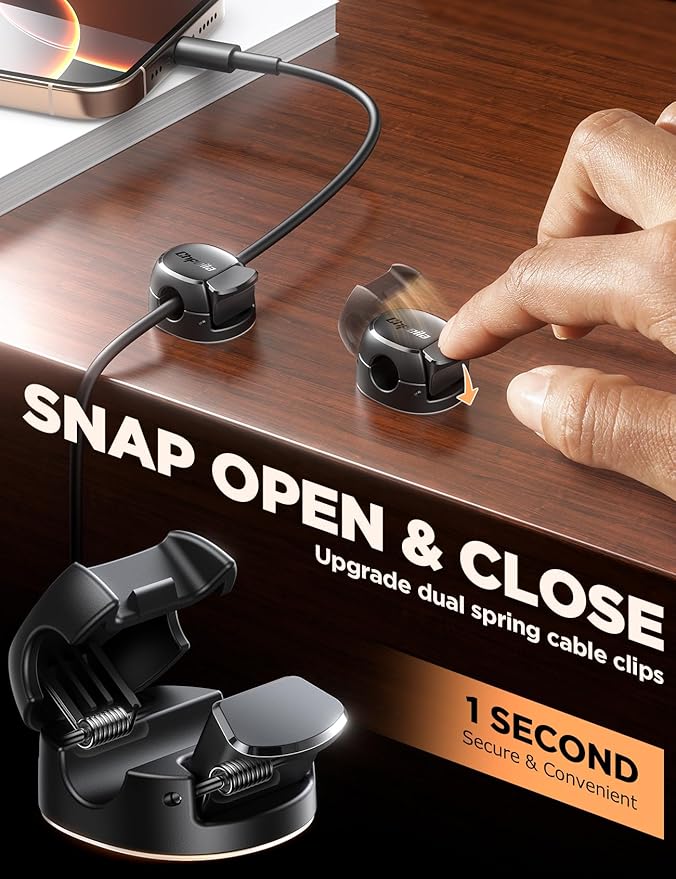 12Pack Cord Organizer [Dual Spring & Clasp, Max Secure] Cable Clips - Chfeila Cord Holder, Desk Cable Management, Adhesive Phone Charging Wire Holder for Nightstand/Car/Wall, Office Accessory - Black