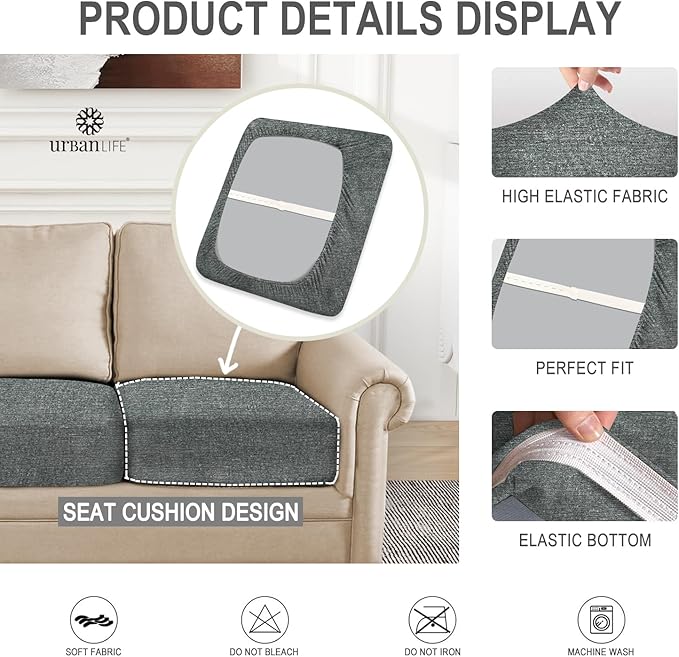 URBANLIFE Stretch Couch Cushion Covers Set of 3 – Replacement Individual Sofa Seat and Back Cushion Slipcovers with Full Elastic Hem, Soft Textured Fabric, Fits 27"x38", Machine Washable (Gray)