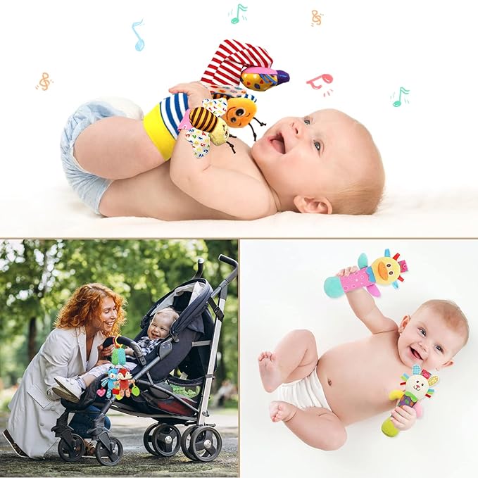 BLOOBLOOMAX Baby Hanging Rattle, Wrist Rattles Foot Finder Rattle Sock, Hand and Feet Rattle Toy, Newborn Present Baby Shower Birthday Gift Set for0 3 6 9 12 24 to 36 Months Babies(12 E)