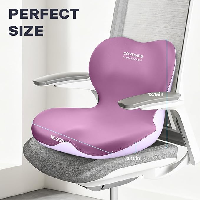 Coverado Car Seat Cushion and Lumbar Support Pillow One Piece, Memory Foam Ergonomic Back Support Driving Seat Cushion for Back Pain, Non-Slip Washable Cushion for Car, Driver, Office