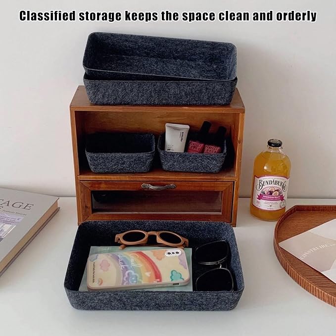 Felt Drawer Organizer Set, 8PCS Desk Drawer Storage Bins for Office, Kitchen, Dresser, and Makeup — Soft Fabric Drawer Dividers for Neat Organization (Dark Gray)