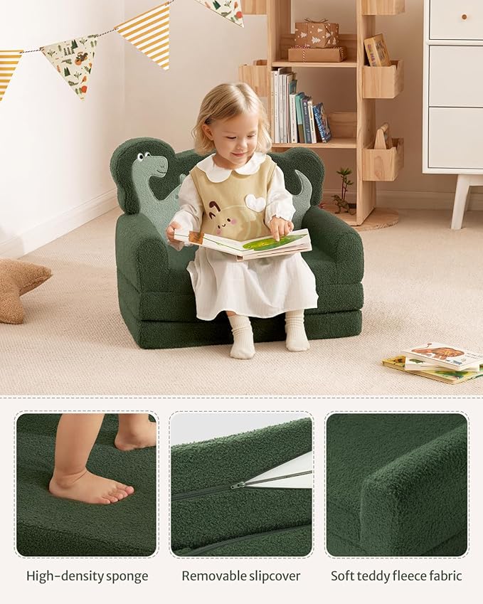 Blissful Diary Kids Couch, 2-in-1 Soft Toddler Couch Fold Out, Toddler Chair Comfy, Convertible Sofa to Lounger with Cute Dinosaur Designs, Dark Green