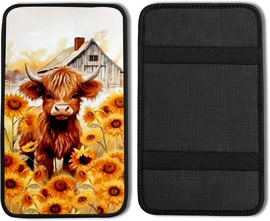 Highland Cow Vehicle Center Console Armrest Cover Pad,Cow Car Accessories Soft Middle Console Cushion Pad,Auto Arm Rest Mat Decor Highland Cows Gifts for Women Men Dad for Most Vehicle SUV Truck