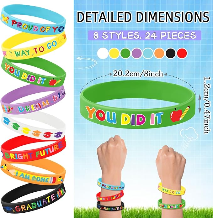 JUNEBRUSHS 24pcs Kindergarten Graduation Party Favors Silicone Bracelets Preschool Graduate Rubber Wristbands Supplies for Class of 2024 Graduation Kindergarten Preschool Party Favors Accessories