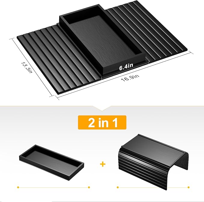 Bamboo Sofa Armrest Tray Table for Couch - 2-in-1 Couch Arm Table with Be Slide Detachable Tray- Anti-Slip Foldable Sofa Armchair Caddy for Drinks Cellphone TV Remote Snacks (Black)