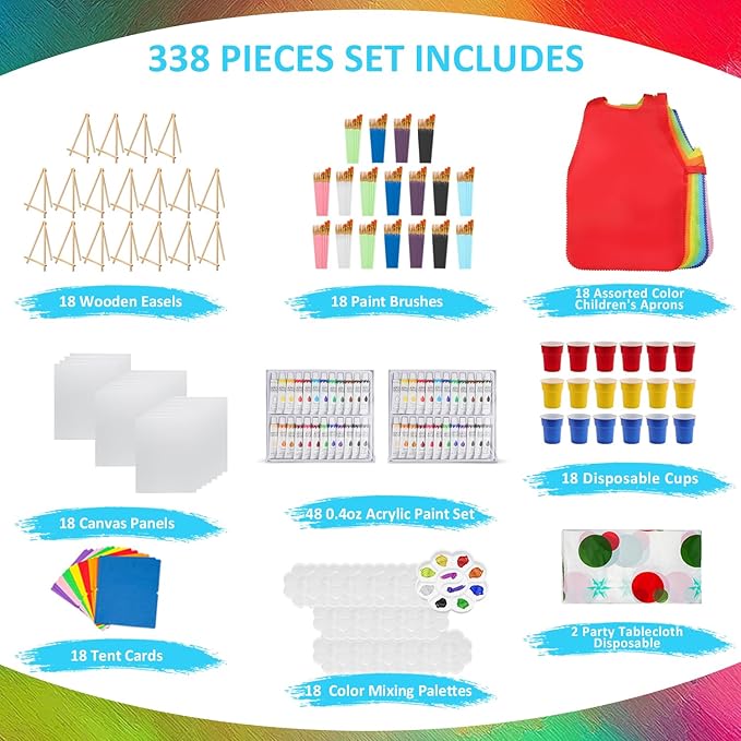 338 Pcs Art Painting Kit Supplies Set for Kids to Party - 180 Paint Brushes, 48 Acrylic Paints, 18 Wood Easels & Canvas Panels & Palettes & Aprons & Wash Pen Cup, 2 Plastic Tablecloth