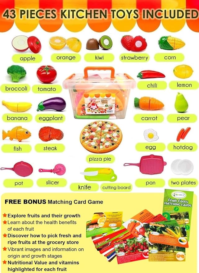 FUNERICA Play Kitchen Cutting Food Toys for Kids - Pretend Cutting Fruits, Vegetables, Cuttable Pizza Pie, Poultry and Fish, Toddler Play Kitchen Accessories with Pots and Utensils