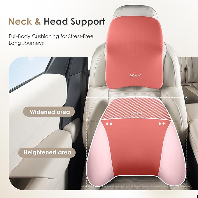 FLORICH Car Seat Cushion & Lumbar Support Pillow & Car Neck Pillow Ergonomic and 100% Memory Foam, Upgraded Larger and Breathable Car Seat Cushion & Back Support Pillow - Pink