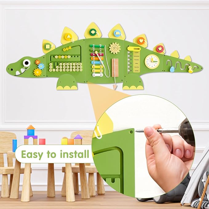 Beright Dinosaur Activity Wall Busy Board Panels, Montessori Sensory Toys, Toddler Learning Activity Center, Perfect for Toddler Playroom & Children's Daycare, Green