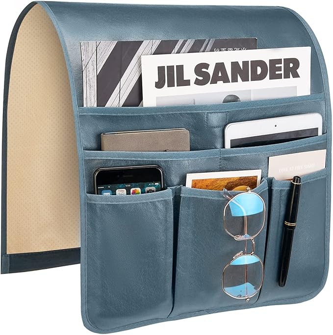 Teniux Remote Control Holder Faux Leather Armrest Organizer with 6 Pockets for Recliner Couch Sofa, Armchair Caddy for Smart Phone, Book, Magazines, Ipad, Remotes (Moonlight Blue)