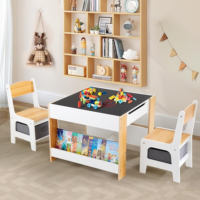 Asweets Kids Table and Chair Set, 4 in 1 Toddler Desk with Storage Drawer,Wooden Activity Table for 2 in 1 Detachable Tabletop,Bookshelf,Suitable for Classroom,Home,Nursery,Playroom (Natural White)