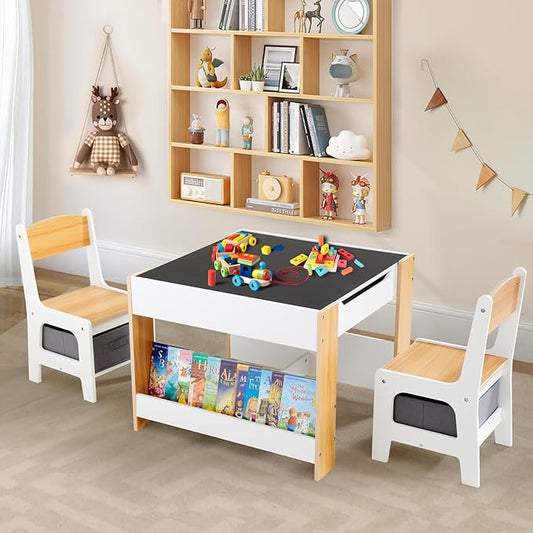 Asweets Kids Table and Chair Set, 4 in 1 Toddler Desk with Storage Drawer,Wooden Activity Table for 2 in 1 Detachable Tabletop,Bookshelf,Suitable for Classroom,Home,Nursery,Playroom (Natural White)
