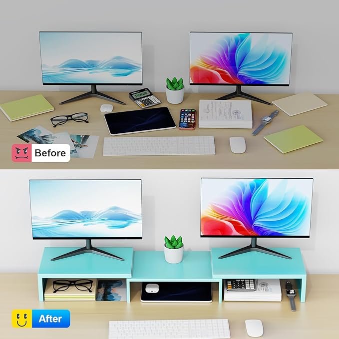 OUTIOE Dual Monitor Stand for Desk, Metal Computer Stand, Desk Shelf Riser,Desktop Organizer for Home and Office Use (Blue)