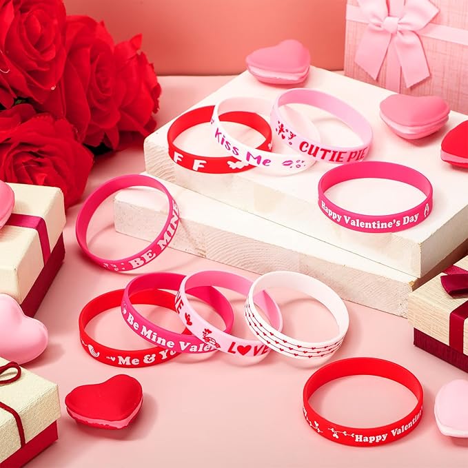 Hiboom 100 Pcs Valentine's Day Bracelets Bulk Silicone Wristband Red Pink Love Heart Accessories Gift for Valentine's Day Party Decorations Favors, 10 Designs