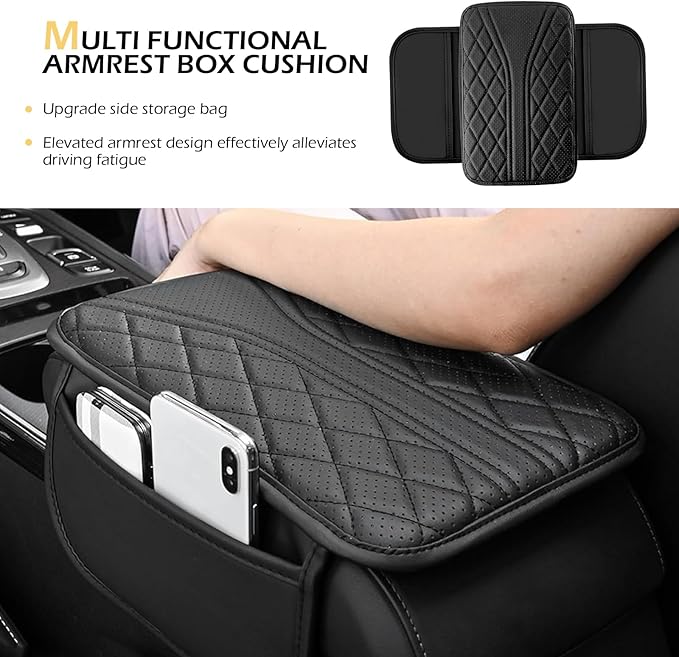 Bawkars Car Center Console Cover, Leather Vehicle Armrest Protector Cushion with 2 Side Storage Bags, Auto Breathable Middle Interior Accessories, Universal for SUV, Sedan, Truck (Black)