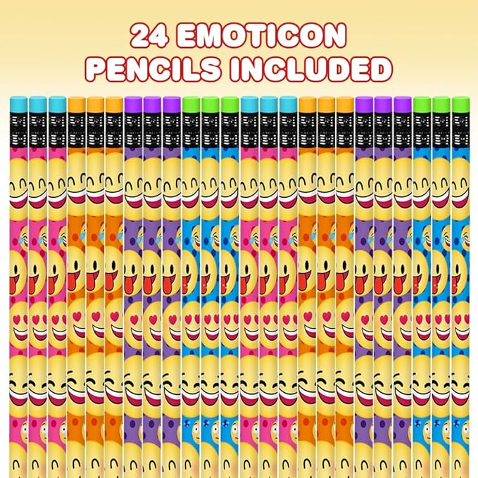ArtCreativity Emoticon Pencils, Set of 24, Cool Writing Pencils with Erasers with Assorted Emoticon Designs, Birthday Party Favors, Party Goody Bag Fillers, Teacher Supplies for Classroom