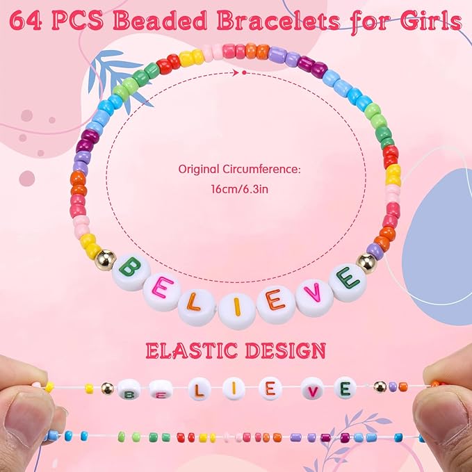 64 Pcs Kids Friendship Beaded Bracelets for Girls Jewelry Letter Beads Bracelets Bulk Colorful Cute Stretchy Rainbow Princess Dress up Gifts(Lovely)