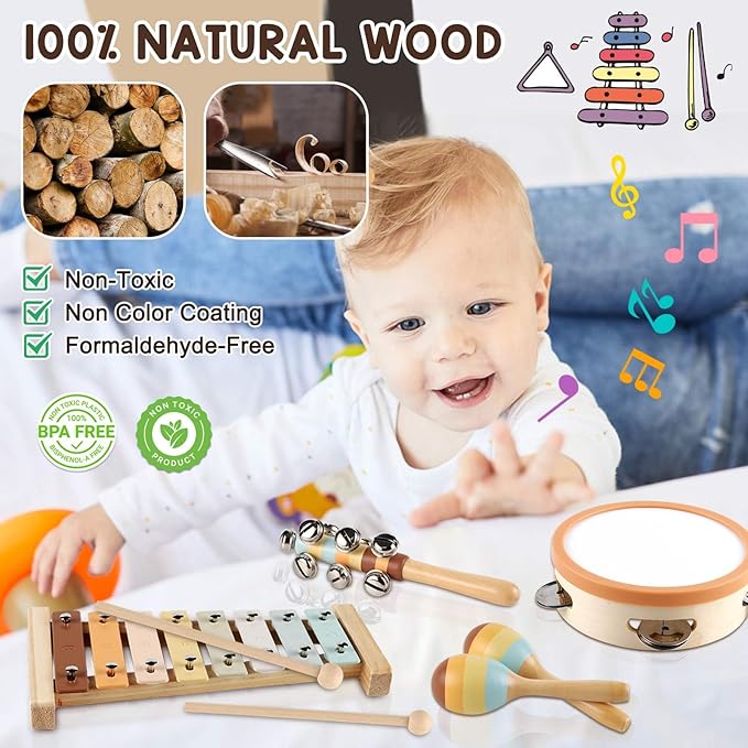 LOOIKOOS Baby Musical Instruments for Kids Montessori Music Toys for Toddlers 1-3,Neutral Colors Wooden Percussion Instruments Set with Modern Boho Xylophone for Kid Preschool Educational 3+