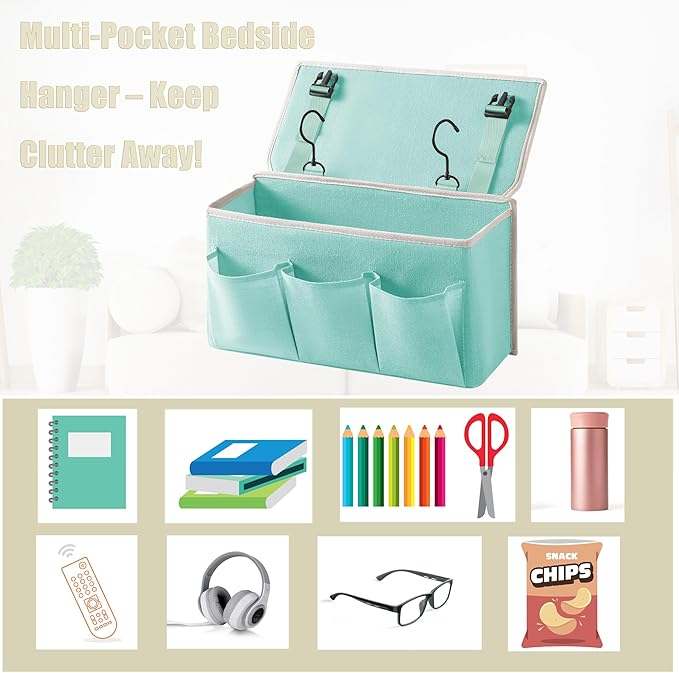 Bedside Caddy / Bedside Storage Organizer Hanging Bag with Three Options,Suitable for home beds, sofas, and dormitory beds—can hold magazines, books, phones, iPads, remote controls. (2-Pack Green)