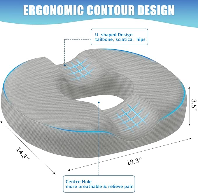 BlissTrends Donut Pillow Seat Cushion, Donut Chair Cushions for Postpartum Pregnancy & Hemorrhoids, Tailbone Pain Relief Cushion, Lifting Cushions for Office & Home Chairs (Light Grey, X-Large)