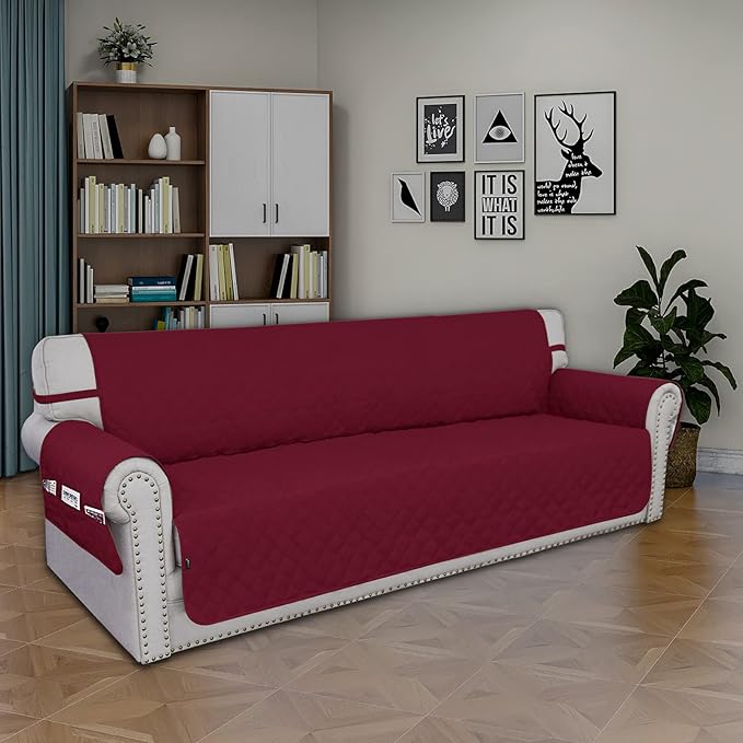 Easy-Going Sofa Slipcover Waterproof Sofa Cover Couch Cover for 4 Cushion Couch with Elastic Straps Washable Non-Slip Furniture Protector Cover for Pets, Dogs, Cat (XX-Large, Christmas Red)