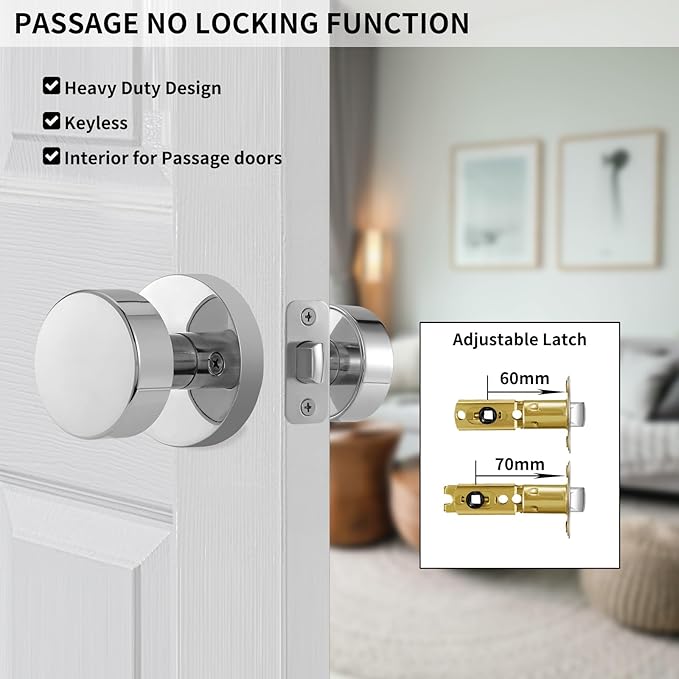 Passage Door Knobs Interior, Polished Chrome Door Knob for Closet, Modern Round Passage Door Handles for Hallway