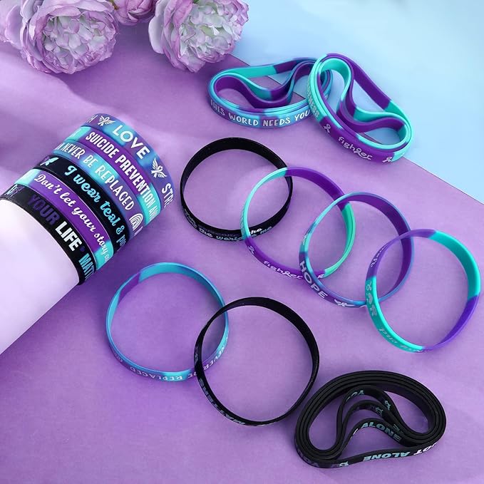 JUNEBRUSHS 42pcs Suicide Prevention Awareness Silicone Wristband Bulk Purple Teal Ribbon Inspirational Rubber Bracelets for Suicide Prevention Awareness Inspirational Favor Charity Campaign Supplies