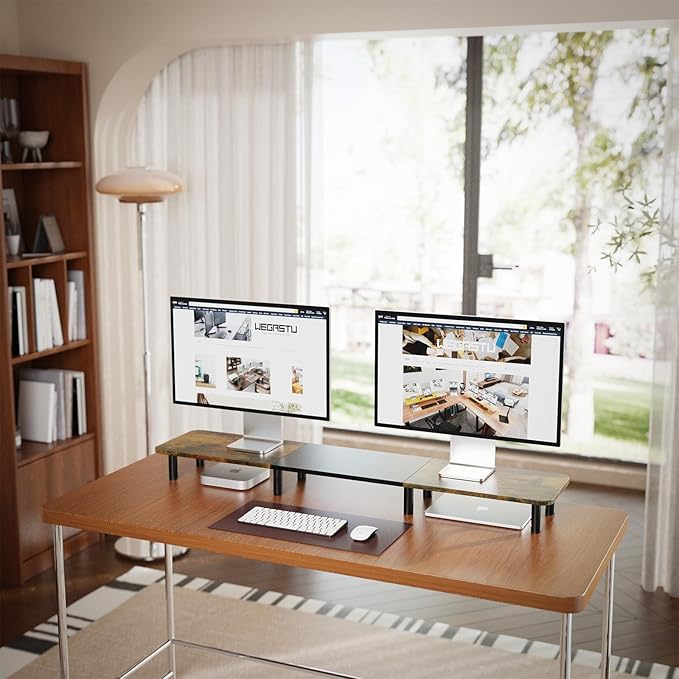 WEGASTU 43.7" Extra Long Dual Monitor Stand Riser, Wood & Steel Monitor Stand for 2 Monitors, Wide TV Stand, Desktop Riser for Desk Organization, Home Office、Laptop,Printer,TV (Vintage black)