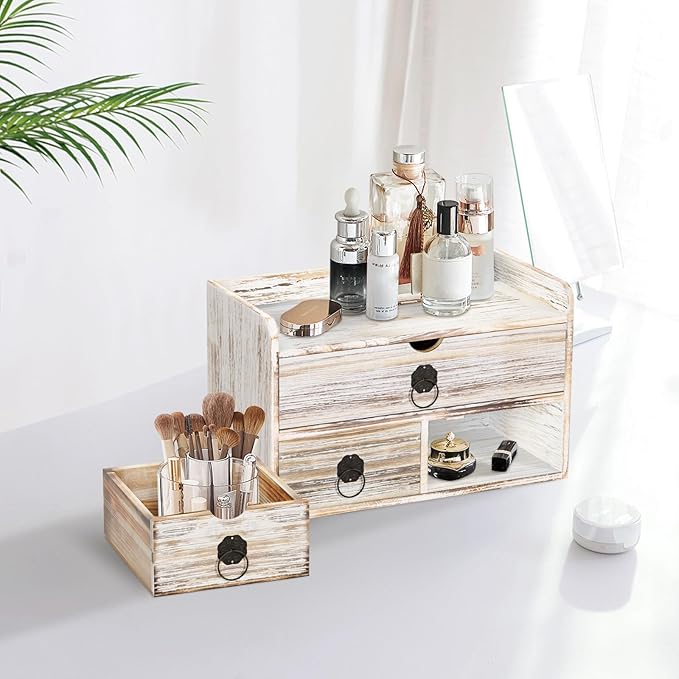 Wood Desk Organizer with Drawer, Vintage Brown Wooden Desktop Organizer, Tabletop Storage Organization Box for Countertop, Home Office Supplies (3 Drawer and Shelf)