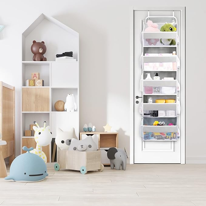 QINGUANG Over The Door Organizer,Hanging Organization and Storage, Behind Door Organizer with Side Pockets, 44 lbs Capacity,Anti Tilt, for Nursery, Bathroom, Bedroom,Dorm (5-Shelf)