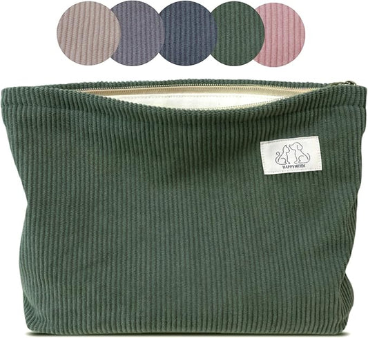 HAPPYHEIDI Navy Green Corduroy Makeup Bag Cosmetic Toiletry Travel Pouch, Make Up Accessory Purse Organizer, Canvas Lined