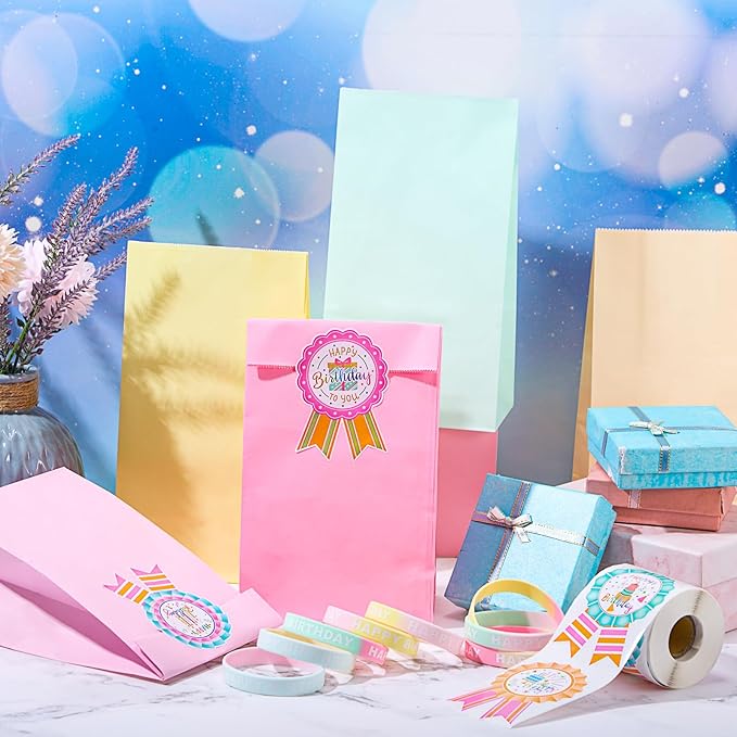 Leinuosen 248 Pcs School Supplies for Kids Classroom Include 200 Happy Birthday Badge Stickers Roll 24 Birthday Bracelets and 24 Rainbow Paper Gift Bag for Teacher Student Birthday Decor (Fresh Color)