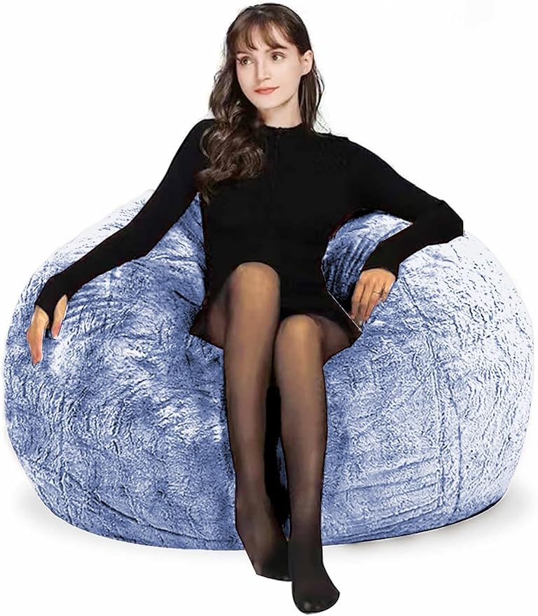 Bean Bag Chairs for Kids Comfy Fluffy Big Joe Bean Bag Chair Cover Without Filler Round Sofa Chairs for Bedroom Living Room Decor, 5FT, Silver Blue
