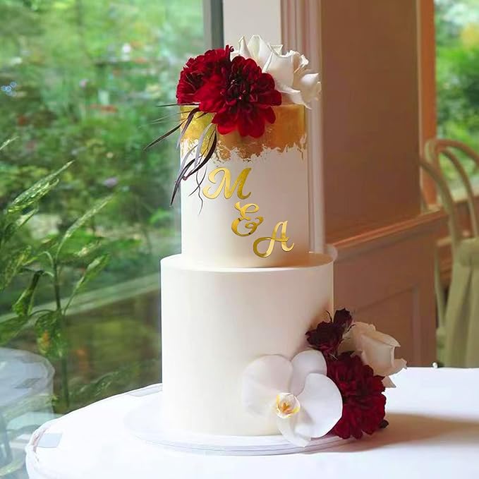 Acrylic Alphabet Cake Topper DIY Personalized Name Cupcake Toppers with A-Z Letter Mirrored Gold Picks for Custom Wedding Cake Decorations Baby Shower Happy Birthday Party Supplies (Uppercase)