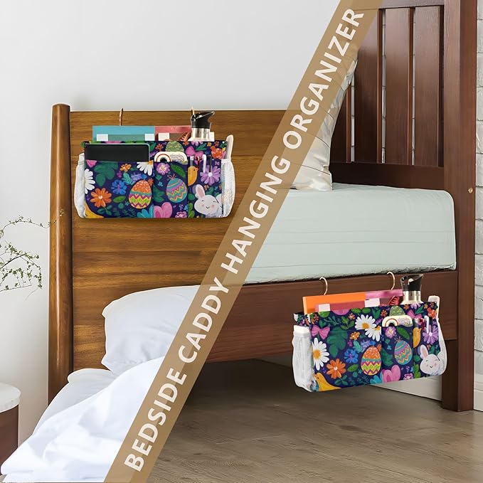 Easter Daisy Rabbit Birds Eggs Bedside Caddy for Dorm Bed Bedside Hanging Caddy Bag Iron Frame Storage Organizer Pocket for Bunk Home College Hospital Beds 2 Hooks